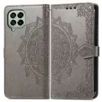 Mandala Flower Imprinting PU Leather Case for Samsung Galaxy M53 5G, Stand Wallet Design Full Covering Leather Phone Shell with Strap - Grey