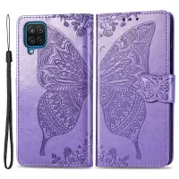 Big Butterfly Imprinting Leather Phone Shell for Samsung Galaxy M33 5G (Global Version), Full Coverage PU Leather Case with Stand Wallet + Handy Strap - Light Purple