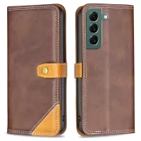 BINFEN COLOR BF Leather Series-8 12 Style PU Leather Phone Shell for Samsung Galaxy S22+ 5G, Foldable Stand Design Splicing Matte Leather Case with 3 Card Slots - Coffee