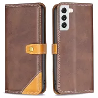 BINFEN COLOR BF Leather Series-8 12 Style PU Leather Phone Shell for Samsung Galaxy S22 5G, Scratch-Resistant Splicing Matte Leather Stand Case with Card Slots Design - Coffee