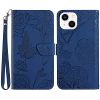 Imprinting Butterfly Flowers Phone Cover for iPhone 14 Max 6.7 inch, PU Leather Stand Wallet Protective Case with Handy Strap - Blue