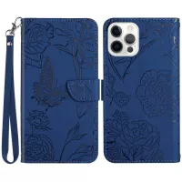 Butterfly Flowers Imprinted Leather Case for iPhone 14 Pro Max 6.7 inch, Stand Wallet Anti-drop Protection Phone Cover with Handy Strap - Blue