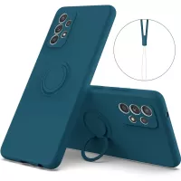 For Samsung Galaxy A33 5G Liquid Silicone Phone Back Case Protective Cover with Ring Kickstand and Lanyard - Dark Blue