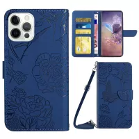For iPhone 14 Pro 6.1 inch Imprinting Butterfly Flowers Phone Case PU Leather Inner TPU Wallet Stand Cover with Shoulder Strap - Blue