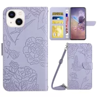 Imprinting Butterfly Flowers Case for iPhone 14 6.1 inch, Adjustable Stand PU Leather Wallet Phone Shell with Shoulder Strap - Light Purple
