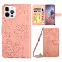 For iPhone 14 Pro Max 6.7 inch Imprinting Butterfly Flowers PU Leather Wallet Stand Phone Case Magnetic Closure Cover with Shoulder Strap - Pink