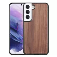 For Samsung Galaxy S22 5G Wood Texture Phone Case Anti-drop Wood + TPU Hybrid Cover - Walnut