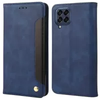 For Samsung Galaxy M33 5G (Global Version) Splicing PU Leather+TPU Skin-touch Feeling Case Stand Magnetic Absorption Flip Folio Wallet Cover - Blue