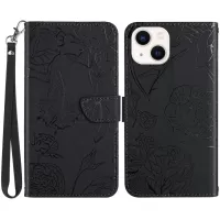 Imprinting Butterfly Flowers Phone Cover for iPhone 14 Max 6.7 inch, PU Leather Stand Wallet Protective Case with Handy Strap - Black