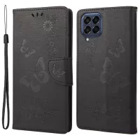For Samsung Galaxy M33 5G (Global Version) Wallet Case Butterfly Flower Imprinted PU Leather Stand Flip Cover with Hand Strap - Black