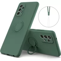 For Samsung Galaxy A33 5G Liquid Silicone Phone Back Case Protective Cover with Ring Kickstand and Lanyard - Green
