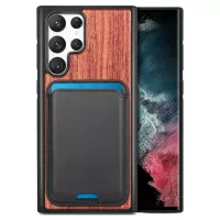 For Samsung Galaxy S22 Ultra 5G Magnetic Absorption Card Holder Phone Case Detachable 2-in-1 Wood + TPU Cover - Rosewood