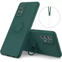For Samsung Galaxy A33 5G Liquid Silicone Phone Back Case Protective Cover with Ring Kickstand and Lanyard - Blackish Green