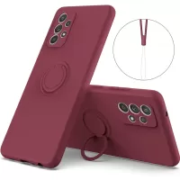 For Samsung Galaxy A73 5G Ring Kickstand Liquid Silicone Phone Case Protective Back Cover with Wrist Strap - Wine Red