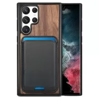 For Samsung Galaxy S22 Ultra 5G Magnetic Absorption Card Holder Phone Case Detachable 2-in-1 Wood + TPU Cover - Walnut
