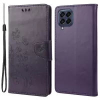 For Samsung Galaxy M33 5G (Global Version) Butterfly Flower Imprinted Wallet Case, PU Leather Foldable Stand Flip Cover with Hand Strap - Purple
