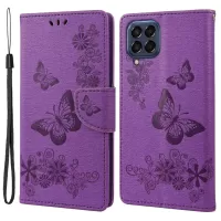 For Samsung Galaxy M33 5G (Global Version) Wallet Case Butterfly Flower Imprinted PU Leather Stand Flip Cover with Hand Strap - Purple