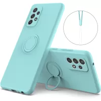 For Samsung Galaxy A33 5G Liquid Silicone Phone Back Case Protective Cover with Ring Kickstand and Lanyard - Sky Blue