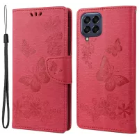 For Samsung Galaxy M33 5G (Global Version) Wallet Case Butterfly Flower Imprinted PU Leather Stand Flip Cover with Hand Strap - Red