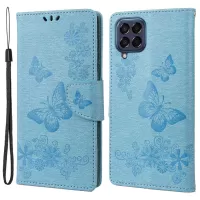 For Samsung Galaxy M33 5G (Global Version) Wallet Case Butterfly Flower Imprinted PU Leather Stand Flip Cover with Hand Strap - Blue