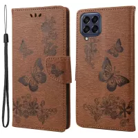 For Samsung Galaxy M33 5G (Global Version) Wallet Case Butterfly Flower Imprinted PU Leather Stand Flip Cover with Hand Strap - Brown