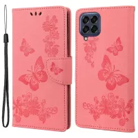 For Samsung Galaxy M33 5G (Global Version) Wallet Case Butterfly Flower Imprinted PU Leather Stand Flip Cover with Hand Strap - Pink