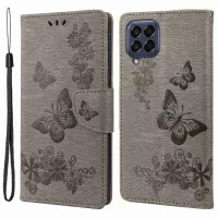 For Samsung Galaxy M33 5G (Global Version) Wallet Case Butterfly Flower Imprinted PU Leather Stand Flip Cover with Hand Strap - Grey