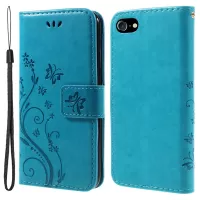Imprinted Butterfly Flower Style Flip Phone Cover Wallet Stand PU Leather Magnetic Clasp Case for iPhone SE (2020)/SE (2022)/8/7 4.7 inch - Blue
