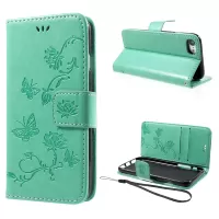 Imprint Butterfly Flower Magnetic Wallet PU Leather Stand Cover for iPhone 7/8/SE (2020)/SE (2022) - Cyan