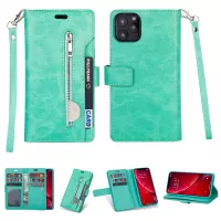 For iPhone 11 6.1-inch (2019) Leather Phone Case Wrist Strap Protective Cover Multifunction Wallet Phone Case with Zipper Pocket - Cyan