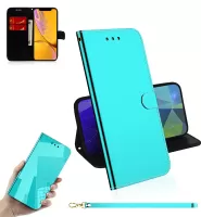 Mirror Surface Leather Wallet Cover with Strap for iPhone XR 6.1 inch - Cyan