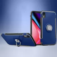 Carbon Fiber Texture TPU + PC Combo Case Shell with Kickstand for iPhone XR 6.1 inch (Built-in Magnetic Metal Sheet) - Dark Blue