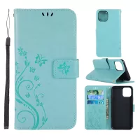 Imprint Butterfly Leather Wallet Cell Cover for iPhone 11 Pro 5.8 inch (2019) - Cyan