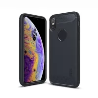 MOFI Carbon Fiber Texture Brushed TPU Cover Case with Apple Logo for iPhone XS/X 5.8-inch - Dark Blue