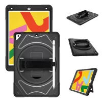 [Built-in Hand Strap] Rotating Kickstand PC + Thicken Silicone Tablet Hybrid Case with Shoulder Strap for iPad 10.2 (2020)/(2019) - Black