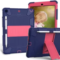 Hard PC + Silicone Kickstand Tablet Case Shockproof Cover Combo Shell for iPad 10.2 (2021)/(2020)/(2019) with Pen Holder - Dark Blue/Rose