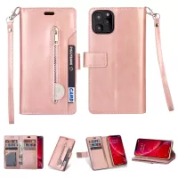 For iPhone 11 6.1-inch (2019) Leather Phone Case Wrist Strap Protective Cover Multifunction Wallet Phone Case with Zipper Pocket - Rose Gold