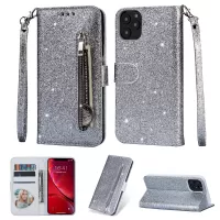 Flash Powder Zippered Stand Leather Wallet Cover with Strap for iPhone 11 6.1-inch (2019) - Silver