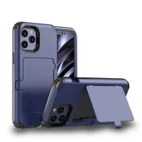 Shockproof Card Holder Mirror PC + TPU Combo Cover Case for iPhone 12 Pro / 12 - Navy Blue