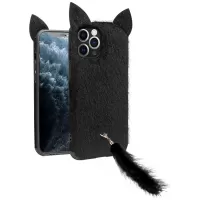 QIALINO Plush Coated TPU Fluffy Cat Ear Phone Cover Decor with Tail Strap for iPhone 11 Pro - Black