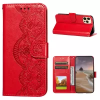 Flower Vine Imprinted Wallet Leather Cell Phone Case with Lanyard for iPhone 12/12 Pro - Red