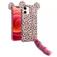 QIALINO Leopard Skin Plush Coated TPU Phone Cover with Fluffy Ear + Tail Strap for iPhone 12 mini - Pink
