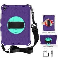 Honeycomb Texture Swivel Kickstand Shoulder Strap + Handy Strap Tablet Cover Case for iPad 10.2 (2021)/(2020)/(2019) - Purple/Cyan