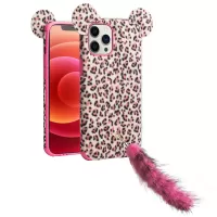 QIALINO Leopard Skin Plush Coated TPU Phone Cover with Fluffy Ear and Tail Strap for iPhone 12 Pro Max - Pink