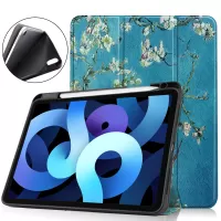 For iPad Air (2020)/Air (2022) Pattern Printing PU Leather Soft TPU Back Tablet Case Smart Tri-fold Stand Auto Wake/Sleep Shell with Pen Slot  - Apricot Flowers