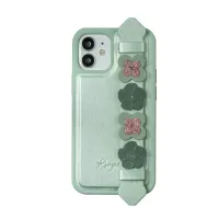KINGXBAR TPU + PVC + PU Leather Phone Cover Case Authorized Swarovski Rhinestone with Hand Holder Strap for iPhone 12 Pro Max - Green