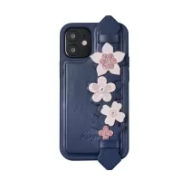 KINGXBAR Authorized Swarovski Rhinestone Leather Coated Phone Cover Case with Hand Holder Strap for iPhone 12/12 Pro - Blue
