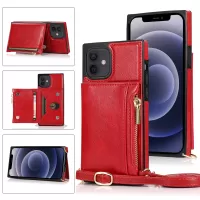 Phone Protective Kickstand Case Zippered Wallet Shoulder Strap for iPhone 12 mini - Red