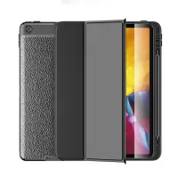 Tri-Fold Litchi Texture Leather Smart Tablet Case with Pen Slot for iPad 10.2 (2021)/(2020)/(2019) - Black