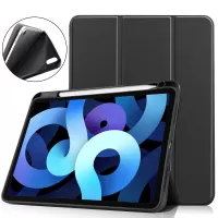 Auto Wake/Sleep Litch Skin Tri-fold Stand Leather Tablet Cover with Pen Slot for Apple iPad Air (2020)/Air (2022) - Black